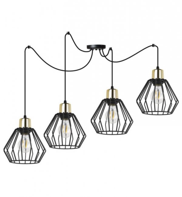 Lampa wisząca typu pająk, 4 druciane czarne klosze metalowe 18 cm ze złotym wykończeniem, E27 LIGHT HOME