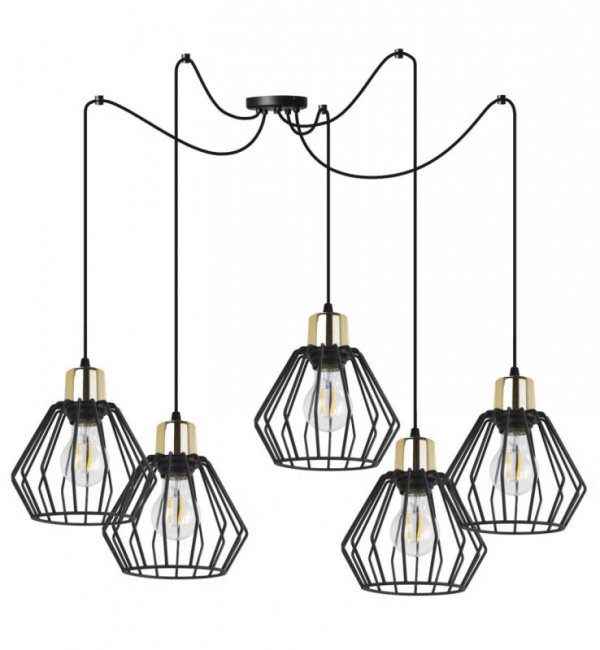 Lampa wisząca typu pająk, 5 kloszy drucianych czarnych metalowych 18 cm, złote wykończenie, E27 LIGHT HOME