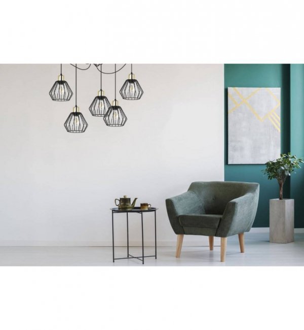 Lampa wisząca typu pająk, 5 kloszy drucianych czarnych metalowych 18 cm, złote wykończenie, E27 LIGHT HOME