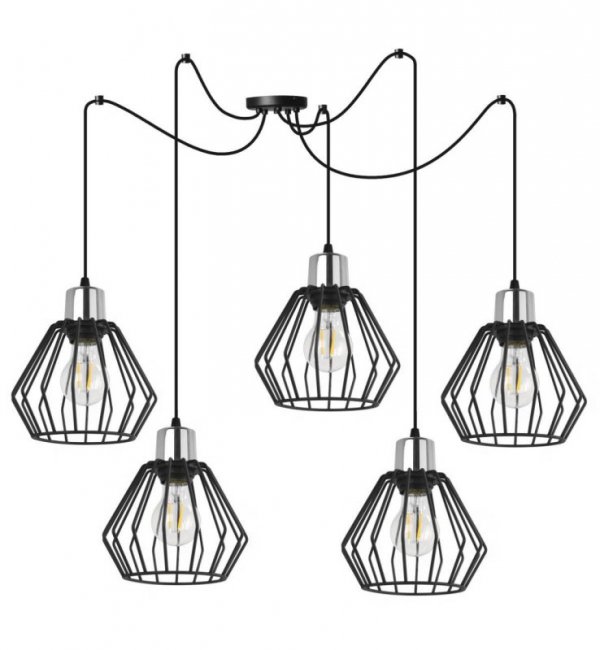 Lampa wisząca typu pająk, 5 czarnych drucianych kloszy metalowych 18 cm, srebrne, chromowane wykończenie, E27 LIGHT HOME
