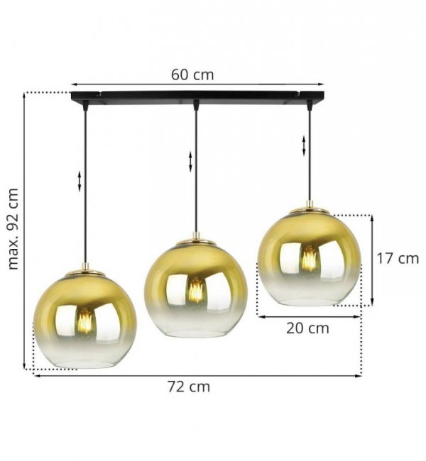 Lampa wisząca na szerokiej prostokątnej listwie 60 cm, 3 klosze szklane złote kule 20 cm, E27 LIGHT HOME