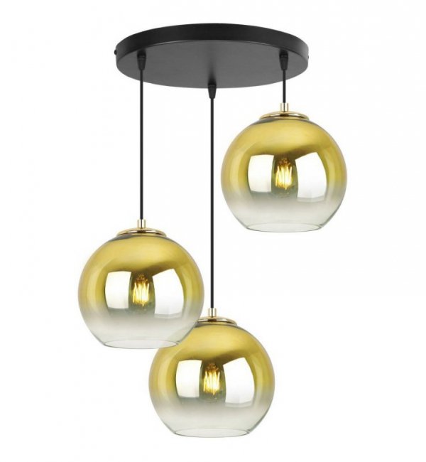 Lampa wisząca na okrągłej podsufitce 30 cm, 3 klosze szklane złote kule 20 cm, E27 LIGHT HOME