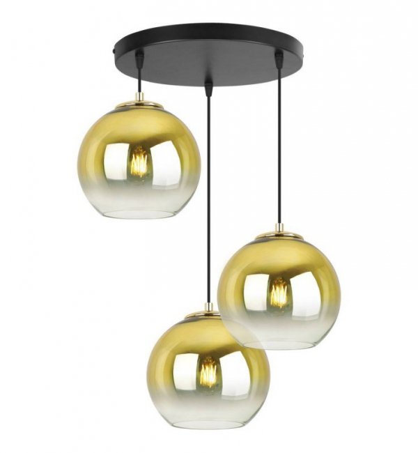 Lampa wisząca na okrągłej podsufitce 30 cm, 3 klosze szklane złote kule 20 cm, E27 LIGHT HOME