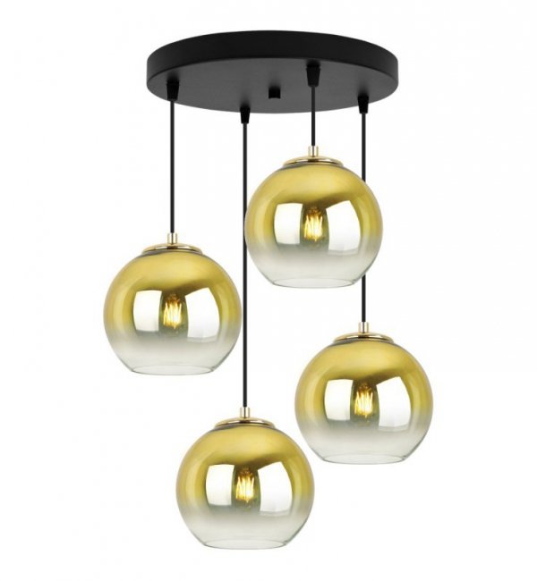 Lampa wisząca na okrągłej podsufitce 30 cm, 4 klosze szklane złote kule 15 cm, E27 LIGHT HOME
