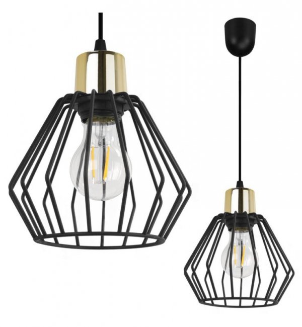 Lampa wisząca zwis, druciany czarny klosz metalowy 18 cm ze złotym wykończeniem, podsufitka 6 cm, E27 LIGHT HOME