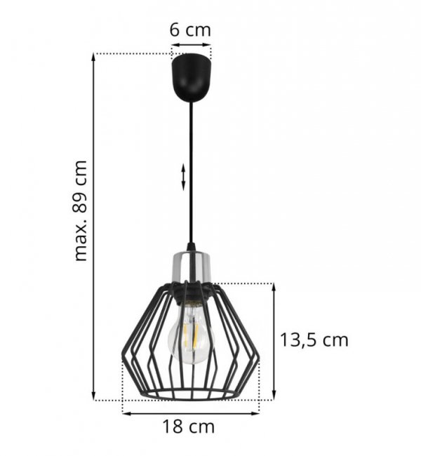 Lampa wisząca zwis, druciany czarny klosz metalowy 18 cm ze srebrnym, chromowanym wykończeniem, podsufitka 6 cm, E27