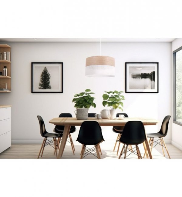 Lampa wisząca WOOD, elegancki biały abażur nad stół lub sofę, fornir