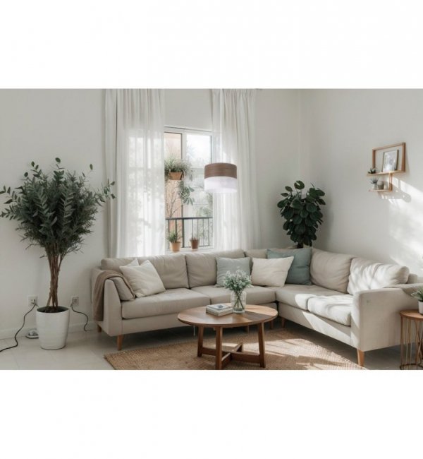 Lampa sufitowa WOOD, biały abażur loft o średnicy 20cm, fornir orzechowy