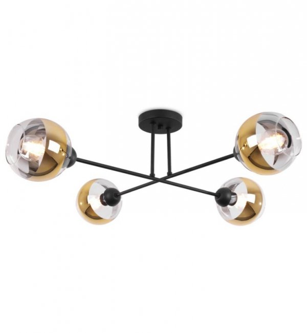Lampa sufitowa ASTURIA, czarny żyrandol na 4 żarówki, złote klosze glamour, E27