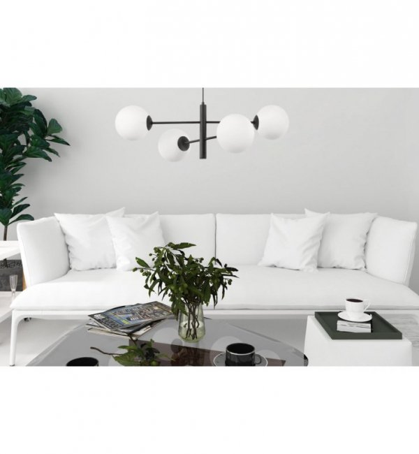 Lampa wisząca VICENZA, czarny żyrandol loft z białymi kloszami w kształcie kuli