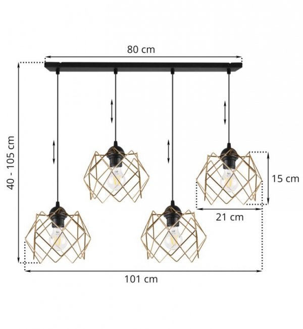 Lampa wisząca STELLA, sufitowa, czarna listwa ze złotymi kloszami, nowoczesna, nad stół, 4xE27