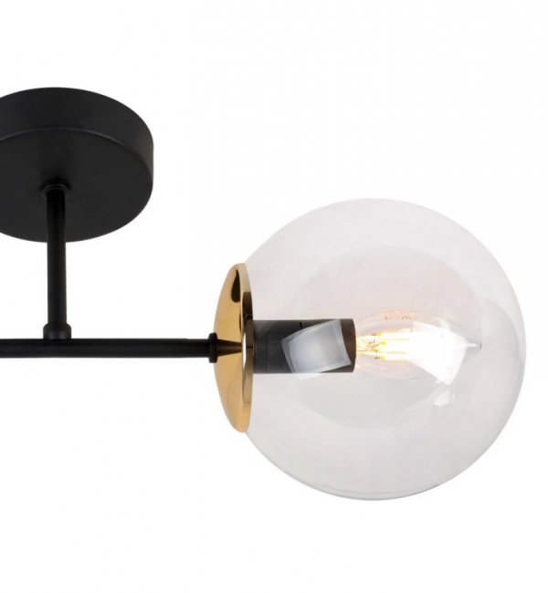 Lampa ścienna SIENA, czarny plafon w stylu loft, złote akcenty, przezroczysty klosz w kształcie kuli, gwint E14