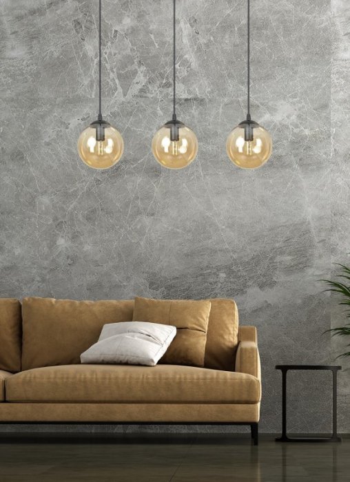 LAMPA WISZĄCA CZARNA NA LISTWIE KULE SZKLANE BURSZTYNOWE POTRÓJNA DO SALONU KUCHNI JADALNI NAD STÓŁ EMIBIG COSMO 3 BL 713/3