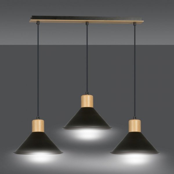 LAMPA WISZĄCA CZARNA METALOWA NAD STÓŁ Z DREWNEM EMIBIG ROWEN 3 BLACK