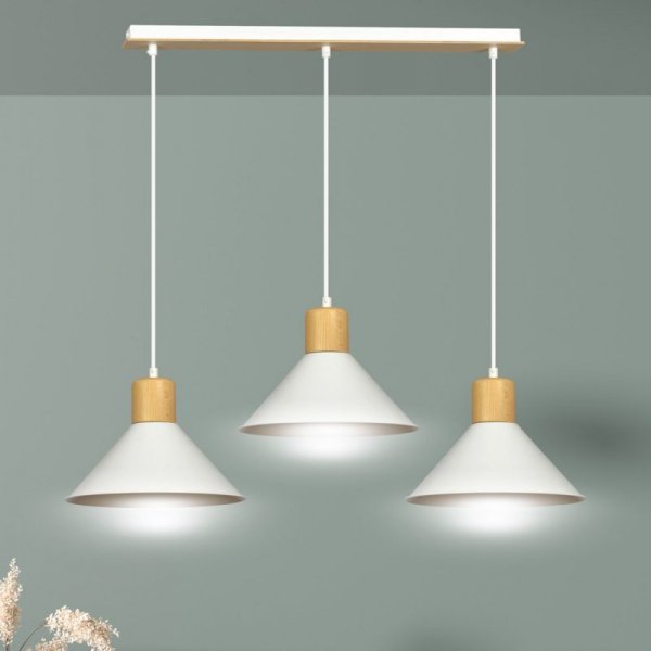 LAMPA WISZĄCA METALOWA NAD STÓŁ BIAŁA Z DREWNEM EMIBIG ROWEN 3 WHITE