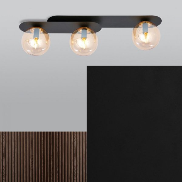 LAMPA SUFITOWA NOWOCZESNA PLAFON KULE SZKLANE EMIBIG PLAZA 3 BLACK/MIODOWY