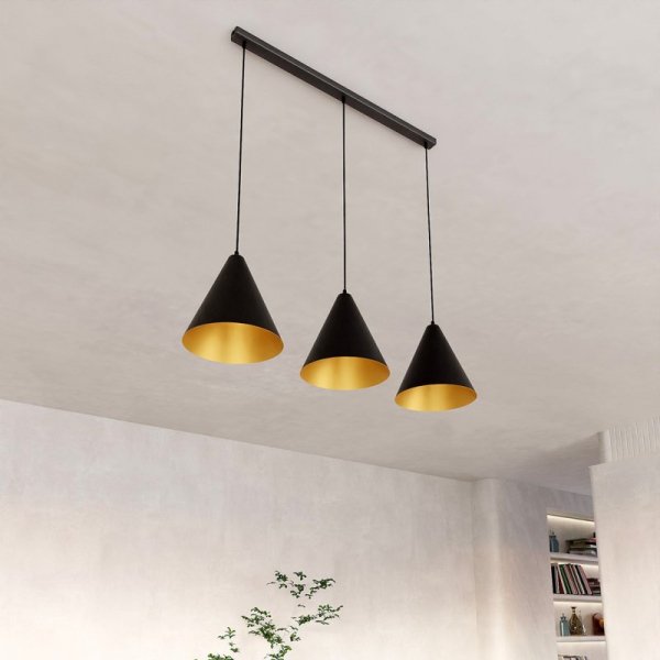 LAMPA WISZĄCA METALOWA CZARNA NAD STÓŁ DO JADALNI KUCHNI NAD WYSPĘ EMIBIG REBEL 3 BLACK/GOLD oprawa oświetleniowa