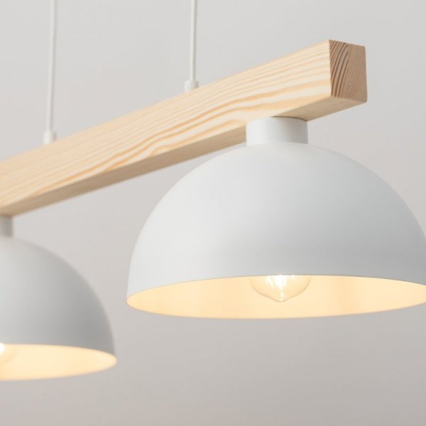 TK LIGHTING OSLO WHITE 4713 LAMPA WISZĄCA DREWNIANA BELKA BIAŁE KLOSZE NAD STÓŁ SKANDYNAWSKA
