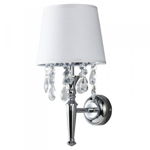 KINKIET GLAMPUR CHROM SREBRNY Z KRYSZTAŁKAMI DO SALONU SYPIALNI Z ABAŻUREM BIAŁY LIGHT PRESTIGE VIGO  LP-0412/1W WH