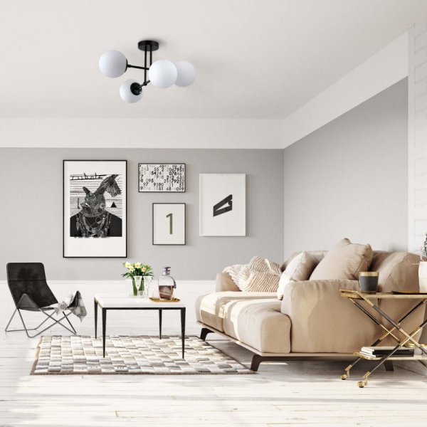 LIGHT PRESTIGE ROMA LP-1345/4P BK LAMPA SUFITOWA CZARNA MATOWA KULE BIAŁE KLOSZE DO SYPIALNI SALONU POKOJU