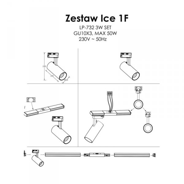 GOTOWY ZESTAW SZYNOPRZEWÓD 1-FAZOWY BIAŁY REFLEKTORKI LIGHT PRESTIGE ICE LP-732 3W WH SET