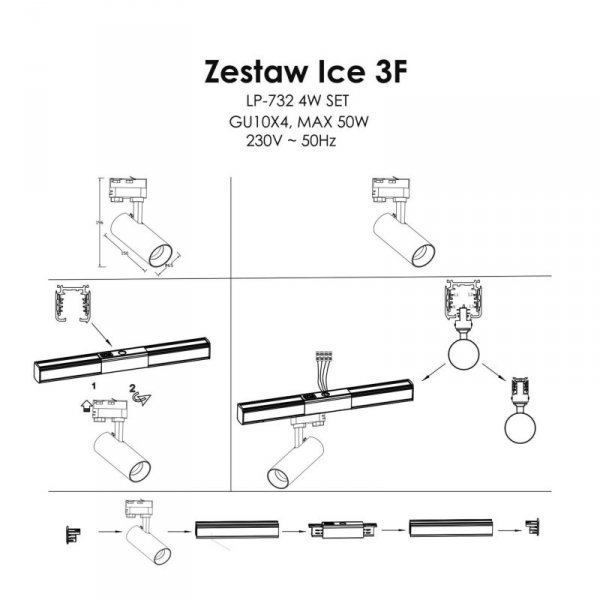 GOTOWY ZESTAW SZYNOPRZEWÓD 3-FAZOWY CZARNY REFLEKTORKI LIGHT PRESTIGE ICE LP-732 4W BK SET