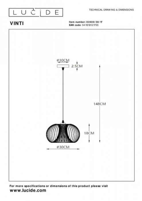 LAMPA WISZĄCA NOWOCZESNA DRUCIANA METALOWA LUCIDE VINTI 02400/30/17