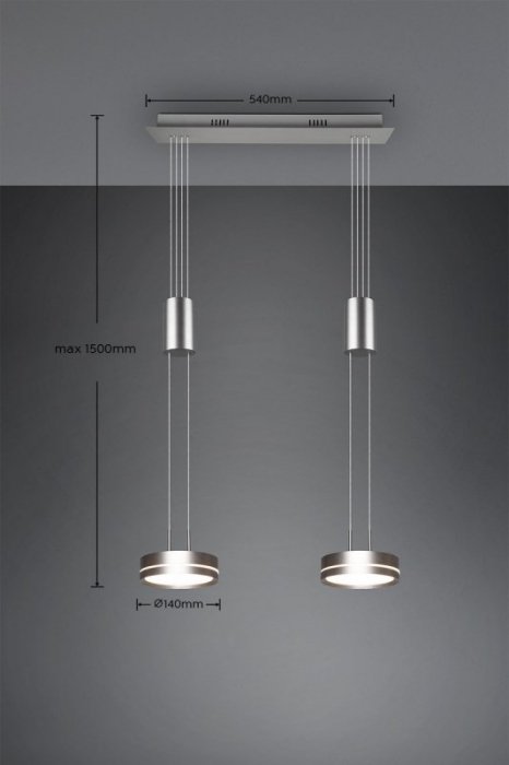 LAMPA WISZĄCA LED NIKIEL MATOWY NAD STÓŁ DO SALONU JADALNI KUCHNI NOWOCZESNA Z REGULOWANĄ WYSOKOŚCIĄ PODWÓJNA 3000K BARWA CIEPŁA FRANKLIN 326510207 TRIO
