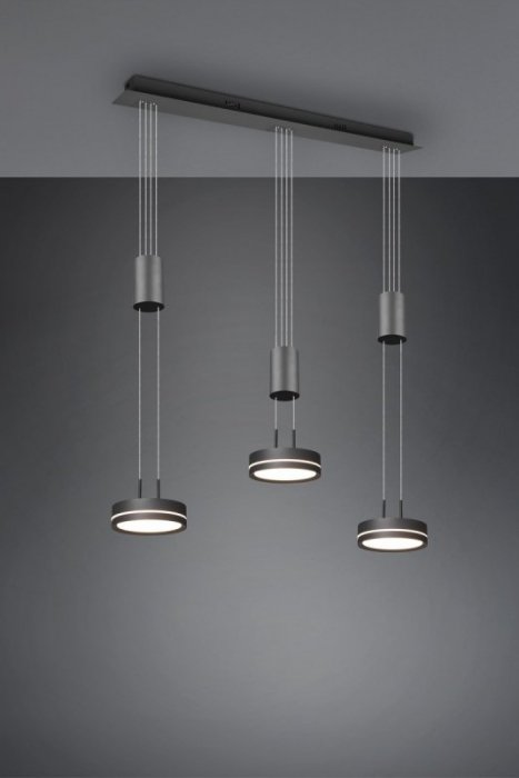 LAMPA WISZĄCA LED ANTRACYT GRAFITOWA NAD STÓŁ DO SALONU JADALNI KUCHNI NOWOCZESNA POTRÓJNA Z REGULOWANĄ WYSOKOŚCIĄ 9W LED 3000K BARWA CIEPŁA FRANKLIN 326510342 TRIO