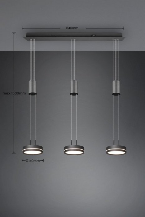 LAMPA WISZĄCA LED ANTRACYT GRAFITOWA NAD STÓŁ DO SALONU JADALNI KUCHNI NOWOCZESNA POTRÓJNA Z REGULOWANĄ WYSOKOŚCIĄ 9W LED 3000K BARWA CIEPŁA FRANKLIN 326510342 TRIO