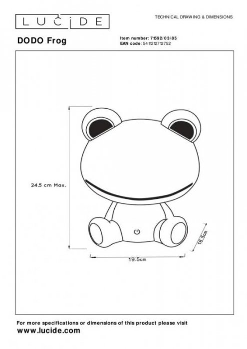LAMPKA LED DO POKOJU DZIECIĘCEGO DO SPANIA NOCNA LUCIDE DODO Frog 71592/03/85