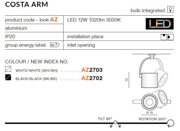 AZZARDO AZ2703 COSTA ARM WH LAMPA SUFITOWA PLAFON SPOT REFLEKTOR REGULOWANY