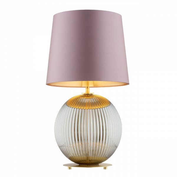 DUŻA LAMPA STOŁOWA NOCNA SZKLANA DO SALONU SYPIALNI NA KOMODĘ W STYLU GLAMOUR KULA SZARA SZKLANA Z RÓŻOWYM ABAŻUREM ARGON HAMILTON 8531