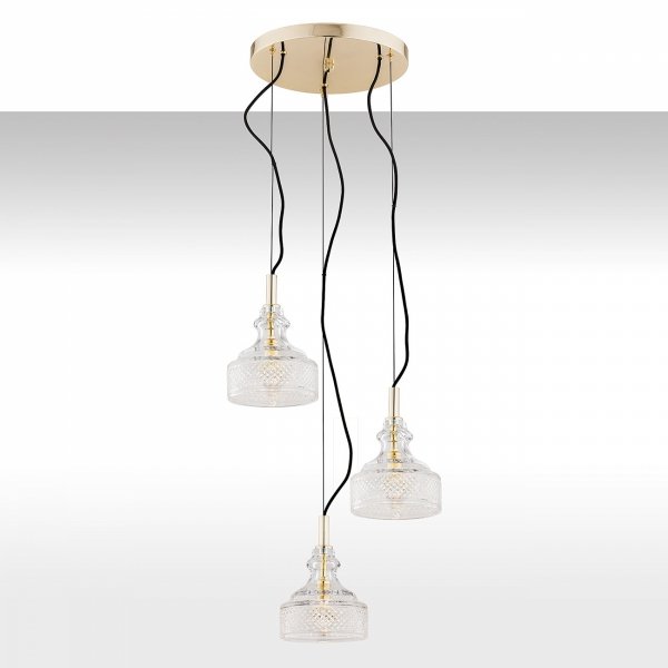 LAMPA WISZĄCA ZŁOTA MOSIĄDZ KRYSZTAŁOWA SZKLANA GLAMOUR ELEGANCKA NA KOLE POTRÓJNA DO SALONU SYPIALNI ARGON CRUZ 1462