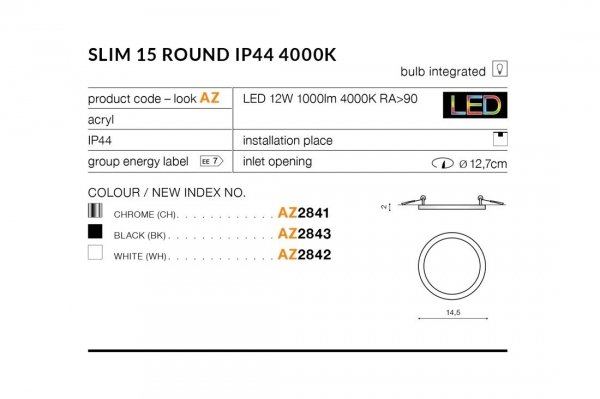 AZZARDO SLIM ROUND 15 AZ2842 LAMPA WPUSTOWA BIAŁA ŚREDNIA 4000K