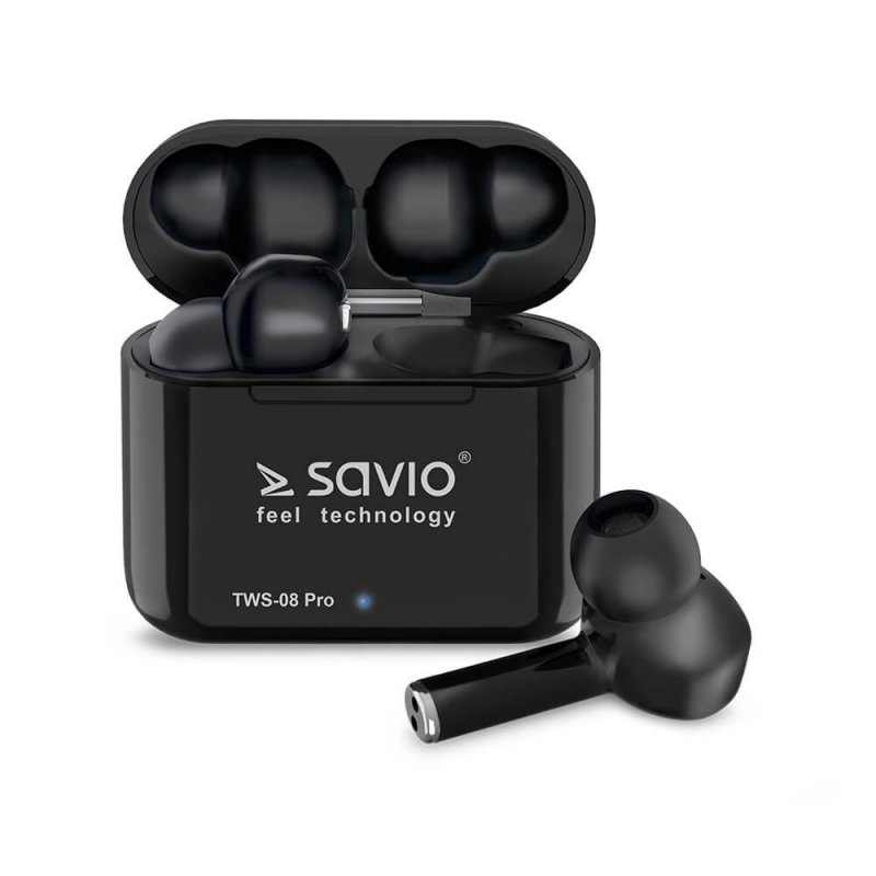 Słuchawki z mikrofonem Savio TWS-08 PRO Powerbank bezprzewodowe Bluetooth 5.0 czarne