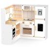 Drewniana, interaktywna kuchnia narożna XXXL z lodówką, mikrofalą, piekarnikiem, zmywarką i akcesoriami - biała