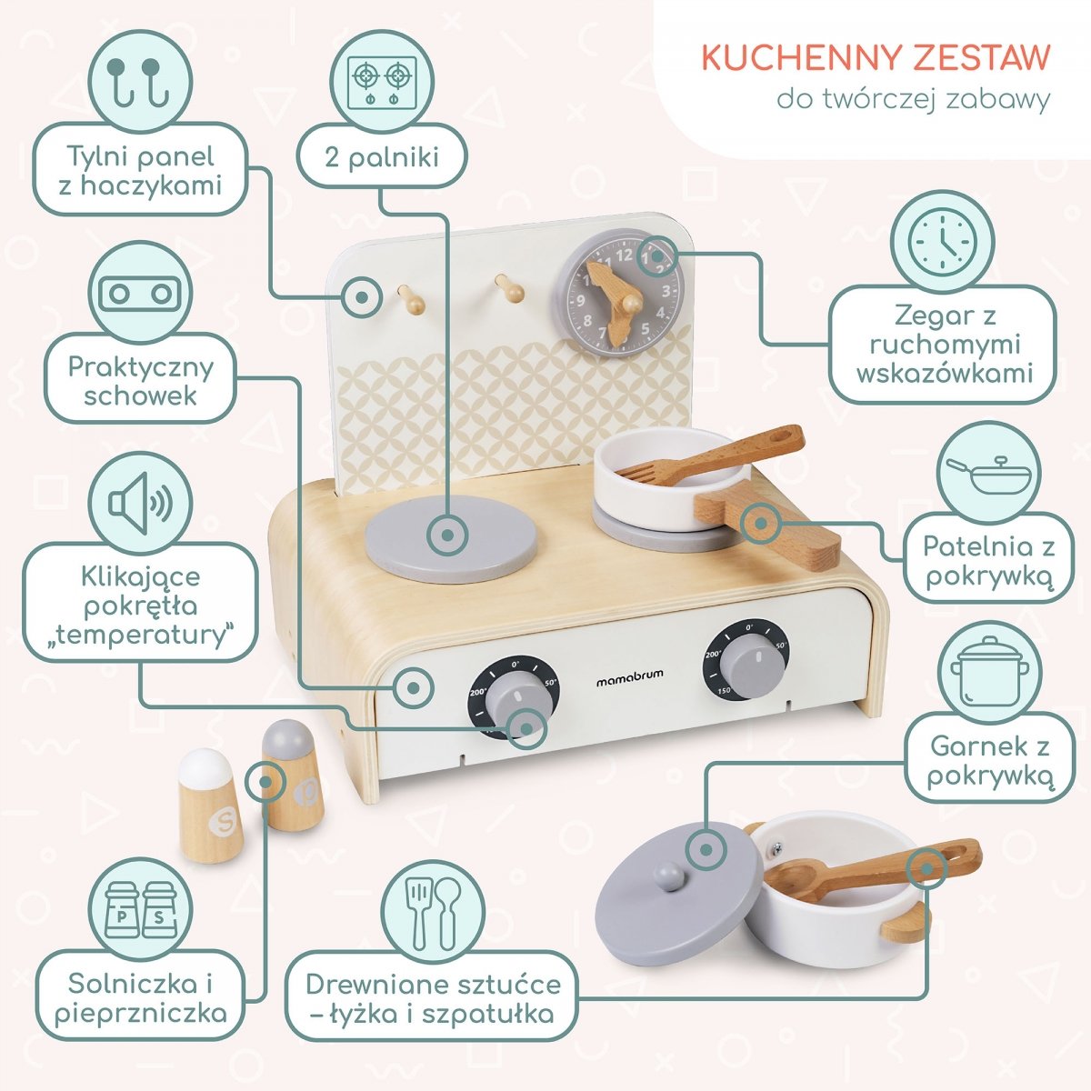 Drewniana składana kuchnia dla dzieci Mamabrum – zestaw z garnkami