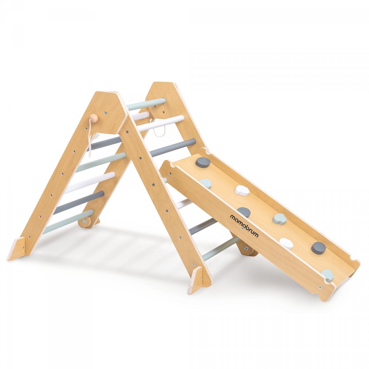 Drewniany domowy plac zabaw dla dzieci - ścianka wspinaczkowa, zjeżdżalnia, łuk wspinaczkowy/bujak i trójkąt Piklera 