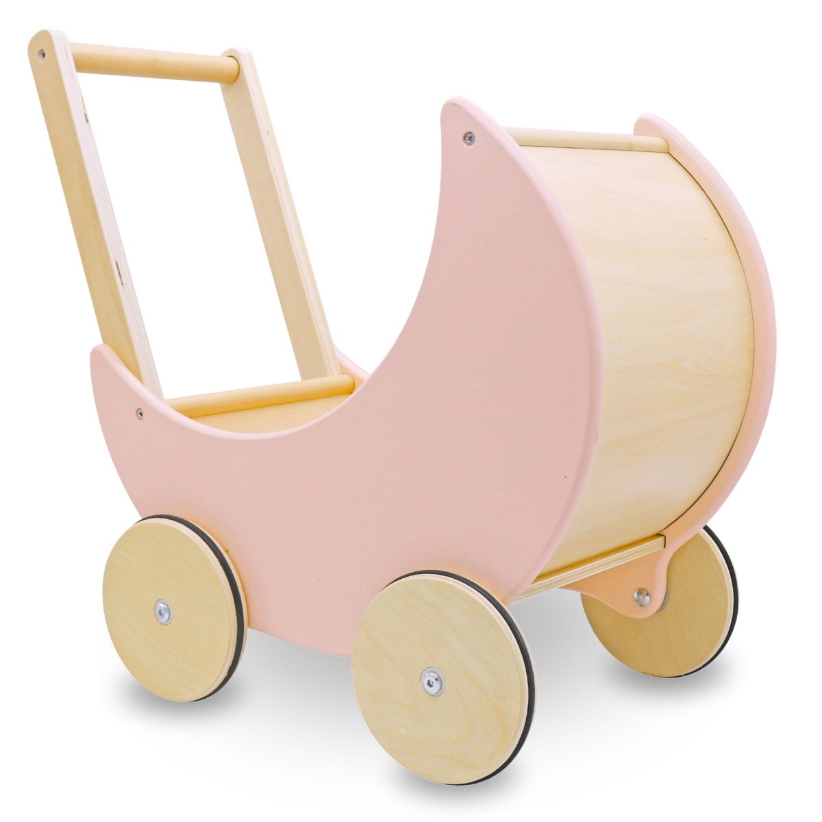 Drewniany wózek dla lalek pchacz różowy