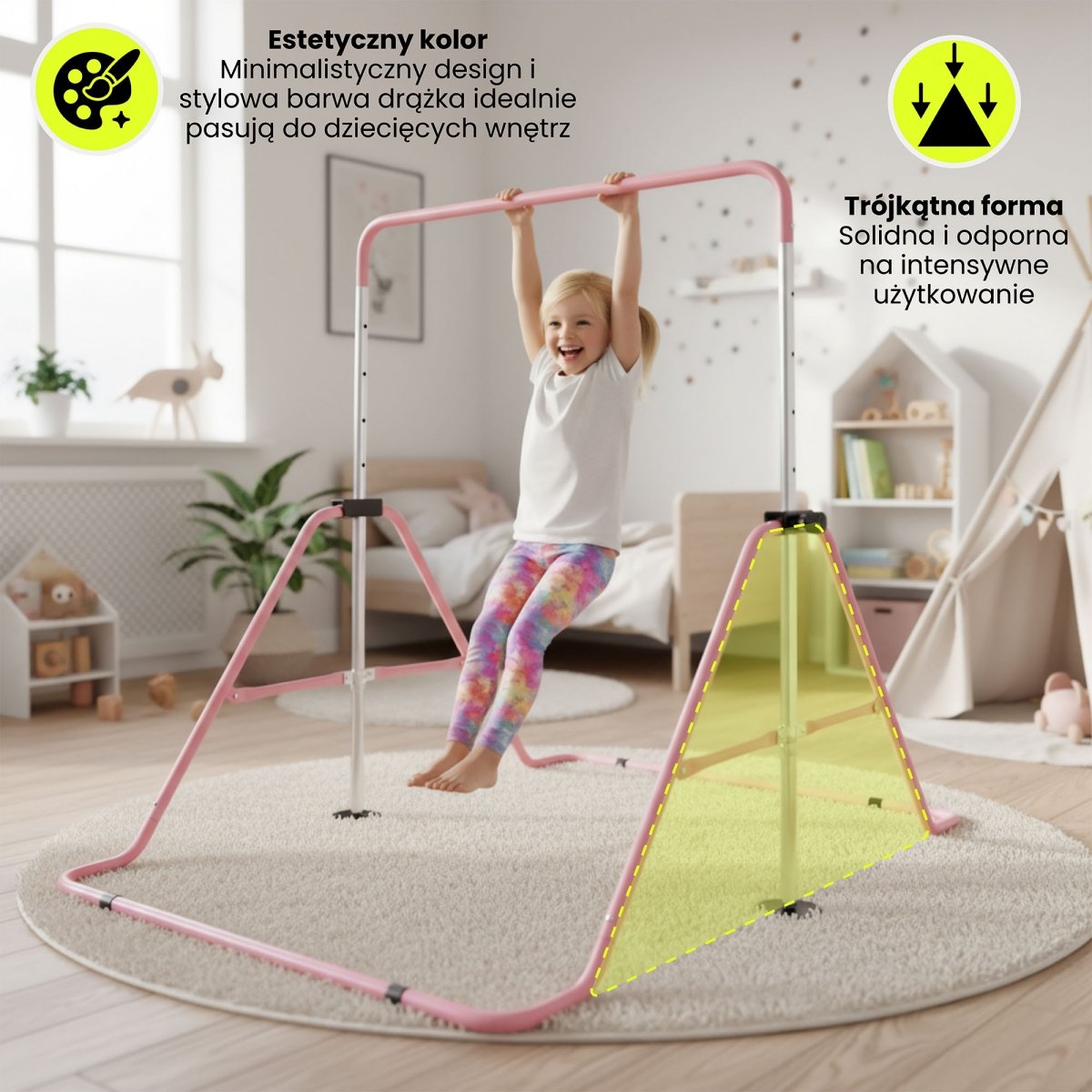 Regulowany drążek gimnastyczny dla dzieci - składany HyperMotion różowy