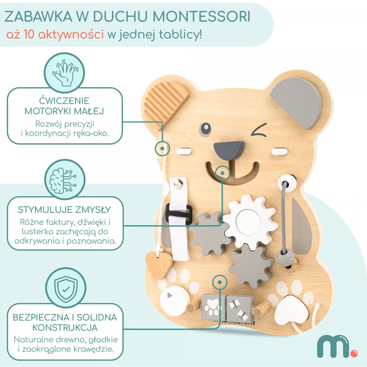 Drewniana tablica manipulacyjna Montessori 10 w 1 sensoryczna, edukacyjna - Miś