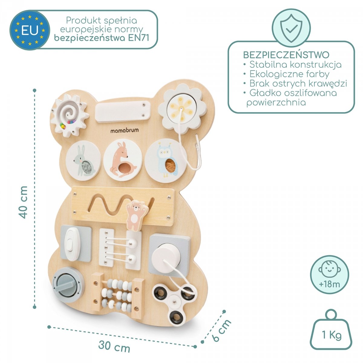 Drewniana tablica manipulacyjna Montessori Miś – sensoryczna nauka samodzielności: rzep, wtyczka, labirynt, klikające pokrętło