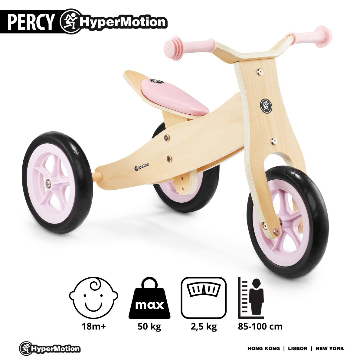 Drewniany rowerek trójkołowy i biegowy 2w1 - HyperMotion PERCY - różowy