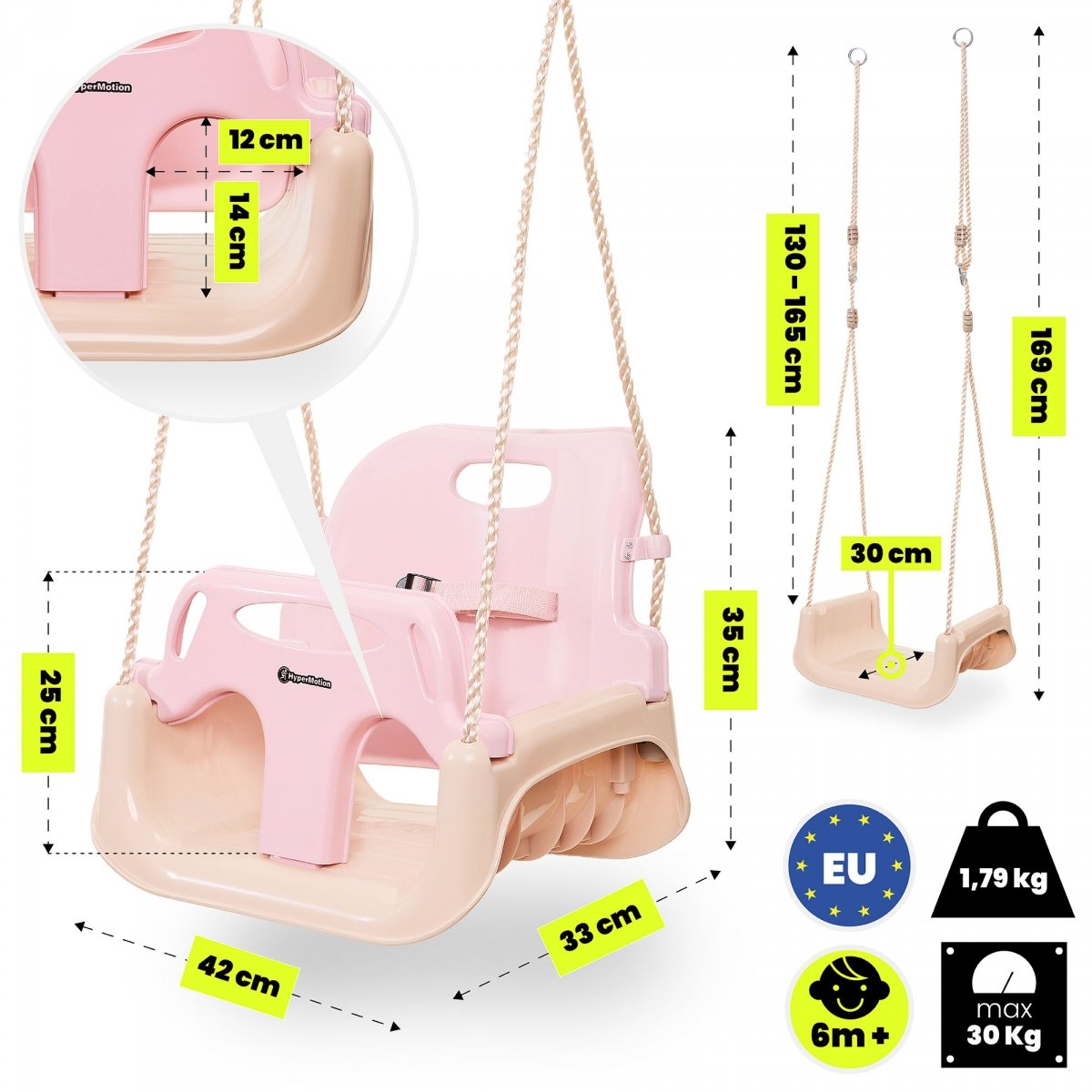 Huśtawka kubełkowa 3w1 dla dziecka, do domu i ogrodu - różowa