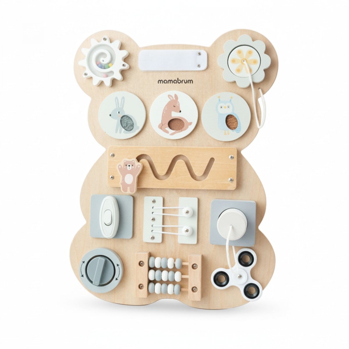 Drewniana tablica manipulacyjna Montessori Miś – sensoryczna nauka samodzielności: rzep, wtyczka, labirynt, klikające pokrętło