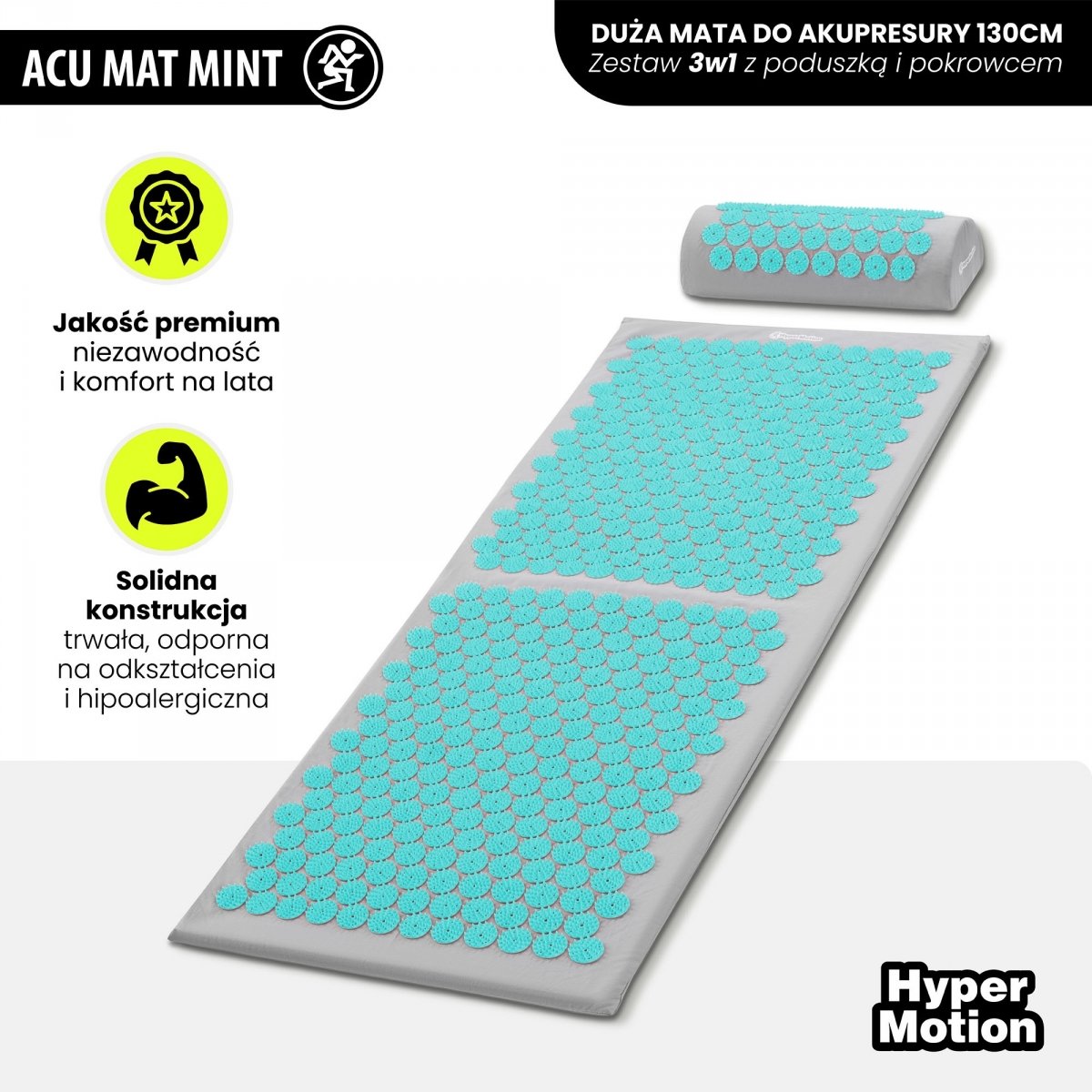 Duża mata do akupresury z poduszką i pokrowcem - 130 cm HyperMotion szaro-miętowa