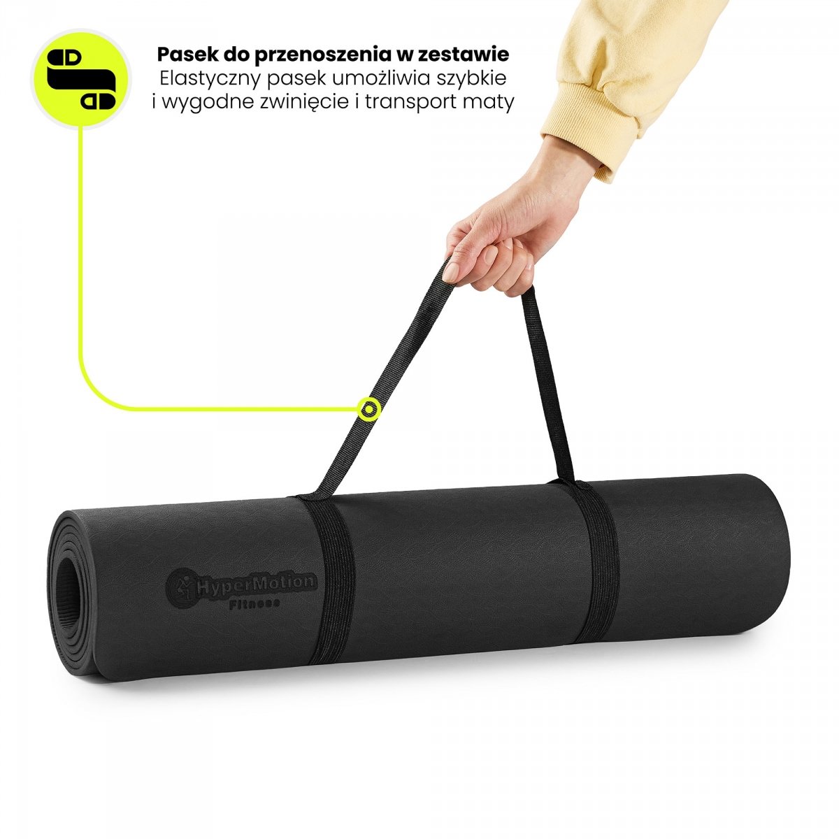 Mata do jogi i ćwiczeń HyperMotion Lotos TPE 6 mm z paskiem – 183 × 61 cm – czarna