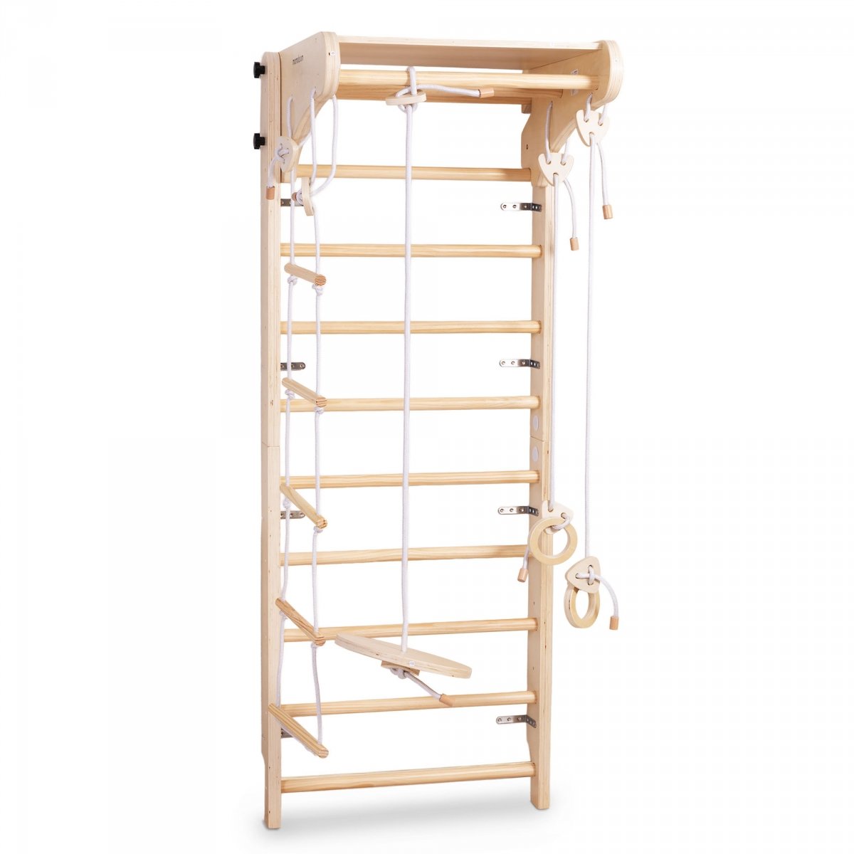 Drewniana drabinka gimnastyczna dla dzieci z akcesoriami – huśtawka talerzowa, kółka gimnastyczne i drabinka linowa