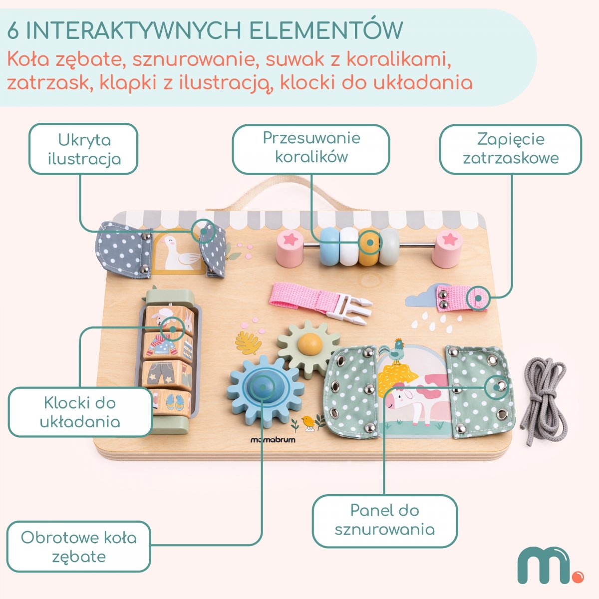 Drewniana tablica manipulacyjna Montessori dla dzieci – Rozwój Sprawności Manualnej – koła zębate, zapięcia, sznurowanie
